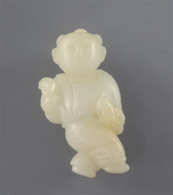 A Chinese white jade figure of a boy holding a bird, 18th/19th century, 6.2cm